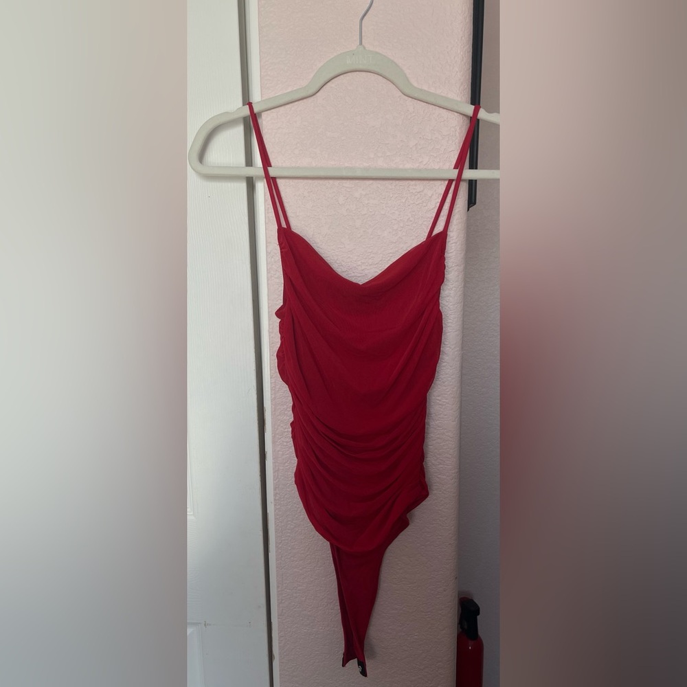 Red Asymmetrical Ruched Camisole Bodysuit